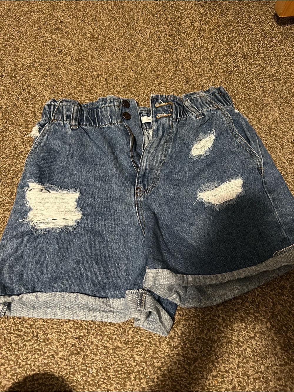 Forever 21 Distressed Paperbag Waist Denim Shorts - Blue